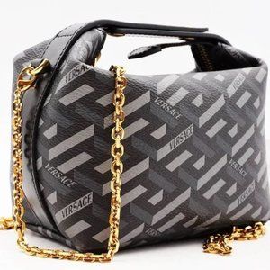 Versace La Greca Signature Mini Shoulder Bag in Black & Grey with Gold Hardware